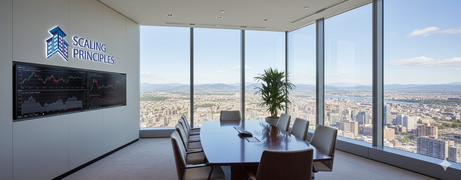 A modern corner conference room overlooking the city